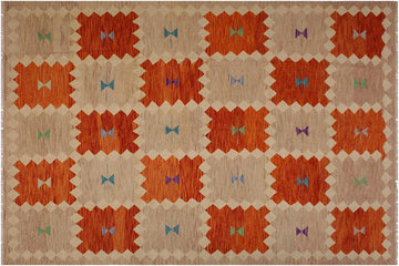 Flat Weave Kilim, Antique, Navaho, Vintage, Handmade, Modern Kilim Brown Beige Hand-Woven Rectangle 100% Wool Area Rug 8 x 10